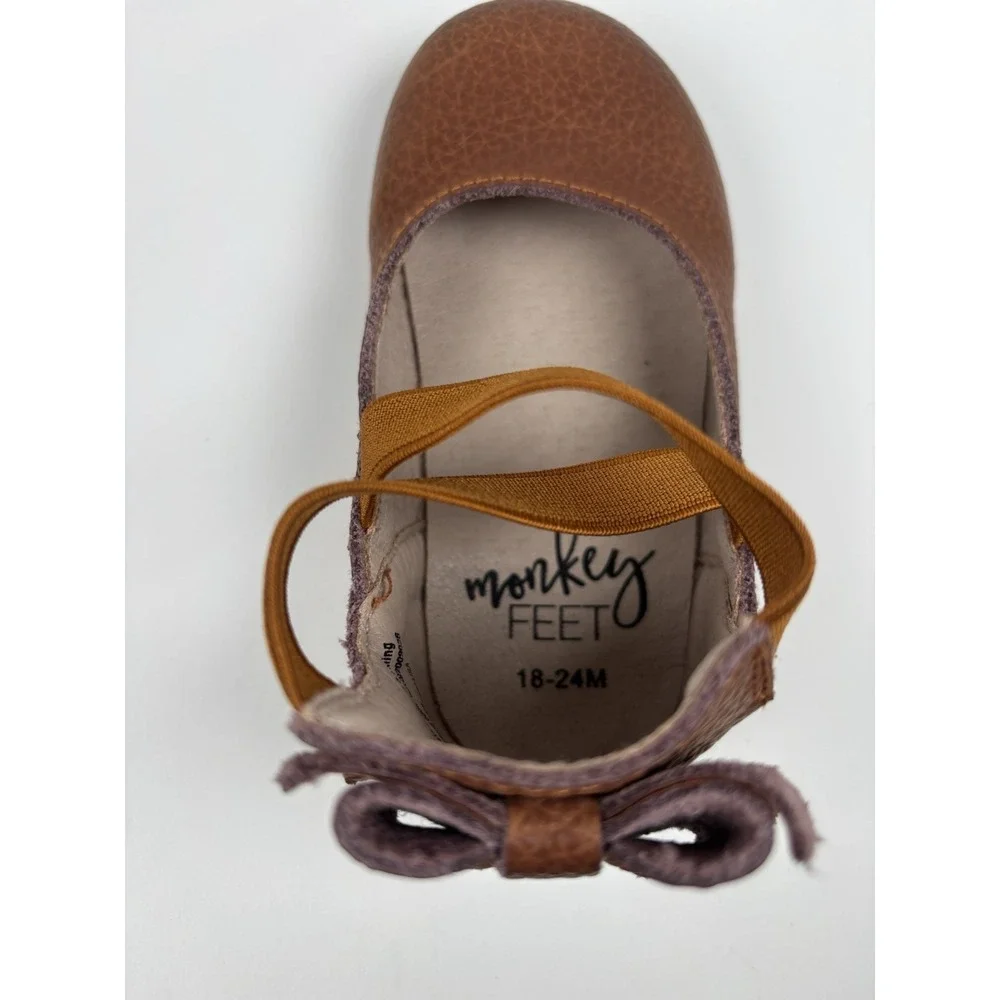 Monkey Feet Ballet Flat Strap Bow Ankle ToddlerGirls 18-24 mos Brown Leather EUC